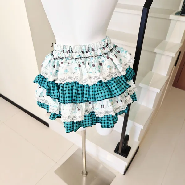 Plaid Print Tiered Ruffle Mini Skirt Lace Trim Bow - Image 4