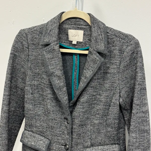 Ann Taylor Loft Gray Herringbone‎ Knit Blazer Jacket Wool Blend Small Career - Image 3
