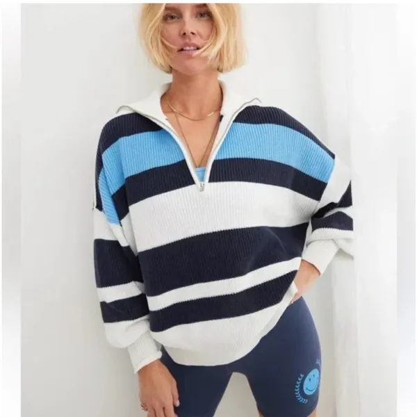 Aerie Oversized Blue & White Striped Quarter Zip Sweater - Image 2