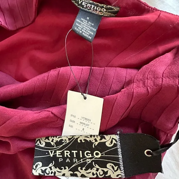 New Vertigo Paris Pleated Casual Lined Chiffon Silk Merlot Skirt sz 8 - Image 3