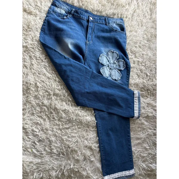 Floral Applique Lace Trim Straight Leg Denim Jeans Blue 3XL Boho‎ Stretch - Image 2
