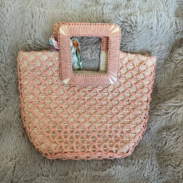 Pink Woven Straw Tote Bag with Floral Scarf - Image 2