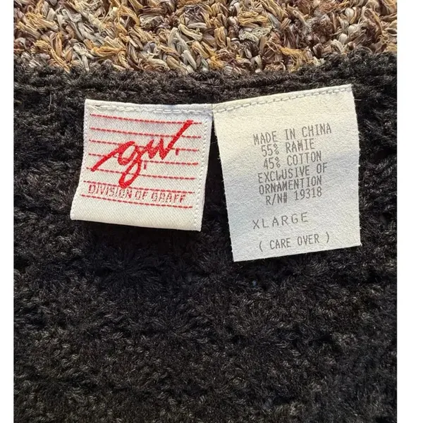 Vintage AGW Division of Graff Black Open Knit Cardigan XL Floral Embroidered - Image 7