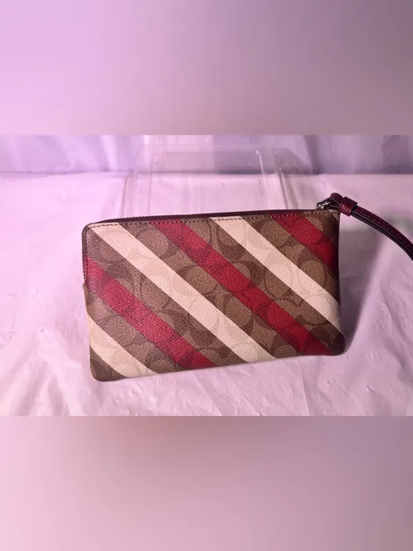 Coach Diagonal Stripe Signature Wristlet - Red, Brown, Cream - Image 2