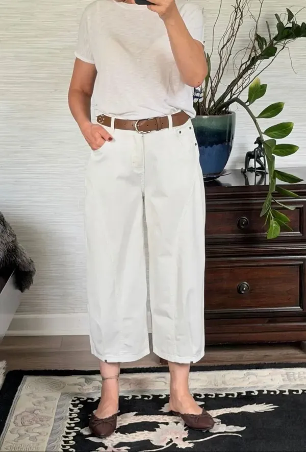 White Barrel Leg Cropped Pants High Rise Original Design Cotton Stretch Belt M N - Image 2