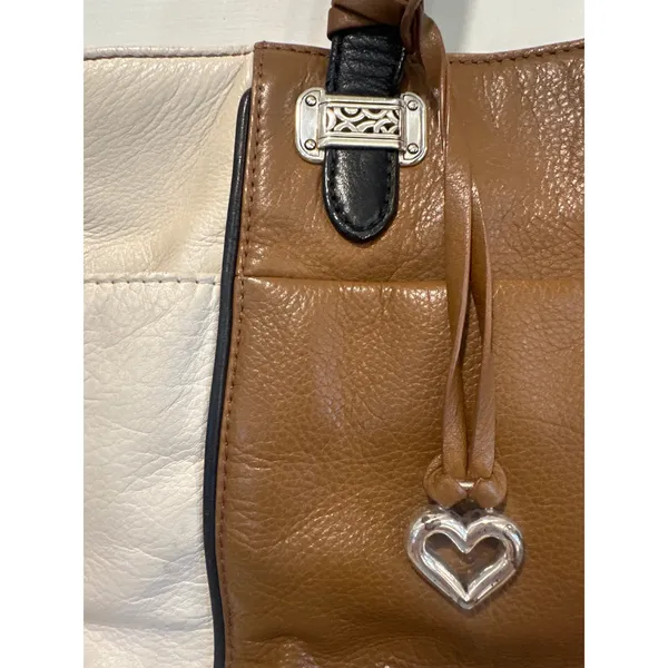 Brighton Tri-Color Leather Tote Bag Brown Cream Black Heart shoulder purse - Image 3