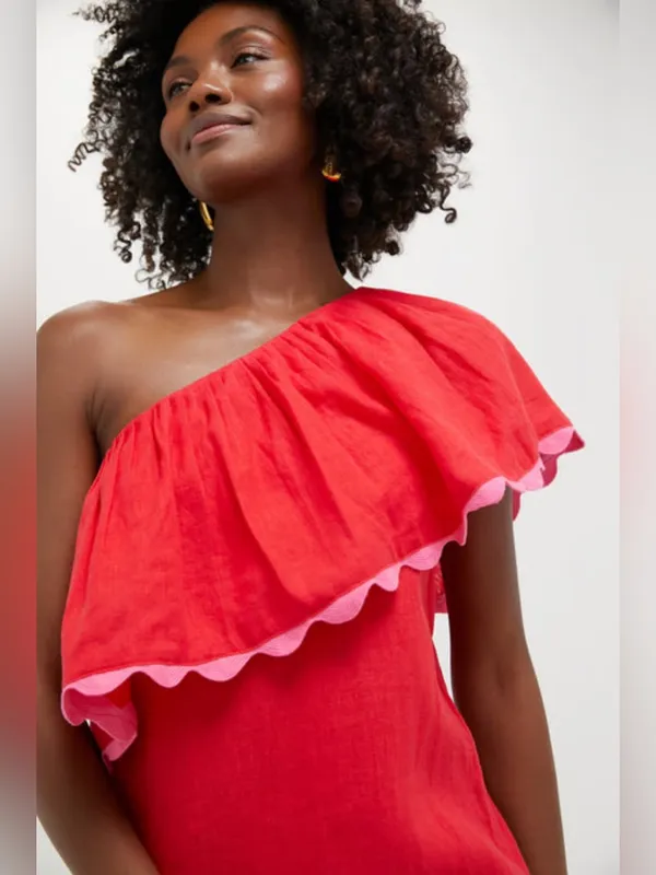 Tuckernuck Hibiscus Red Linen Amalfi Dress Size Large - Image 5