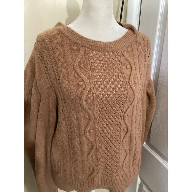 Express Tan Wool Blend Cable Knit Sweater Puff Sleeve L - Image 3