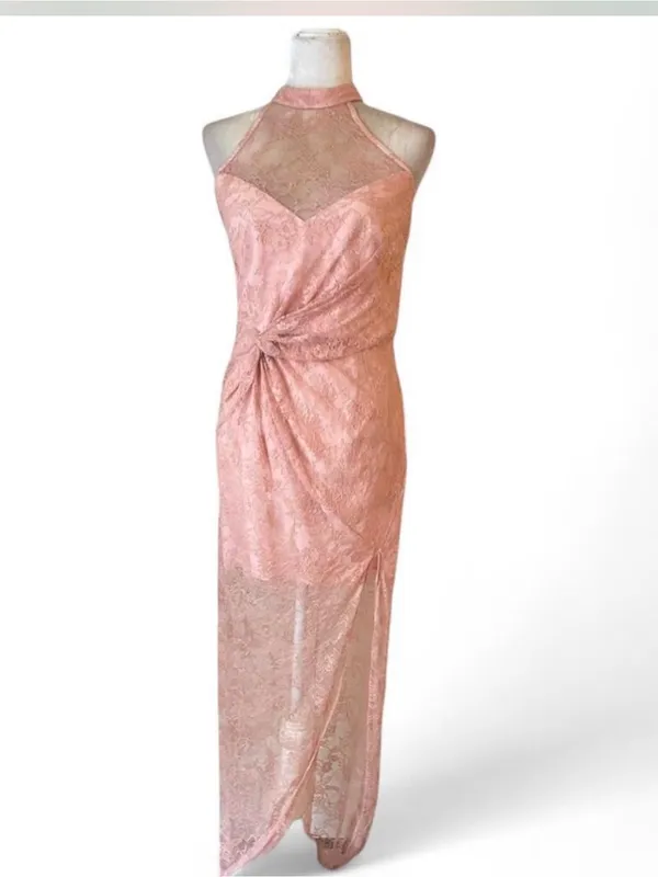 NBD Revolve Dusty Pink Lace Halter Gown Cottagecore Barbie Formal Dress M Prom - Image 2