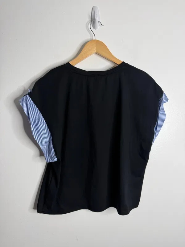 Zara Black Top Blue‎ Stripe Ruffle Sleeve Statement Minimal Chic Large Preppy - Image 3