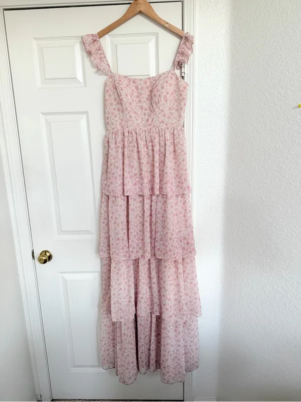 Revelry Poppy Floral Chiffon Ruffle Pink and Ivory Maxi Dress Size 6 - Image 2
