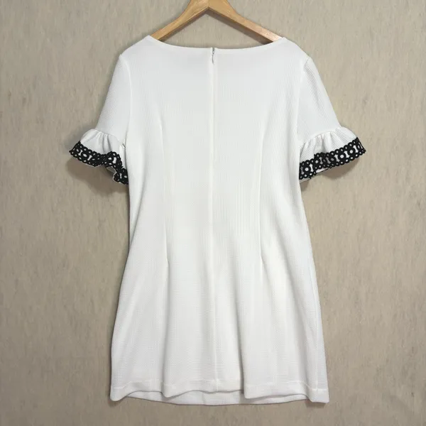 ELLE Shift Dress White Ruffle Eyelet Sleeve Textured Pique Stretch Bride Grad L - Image 3
