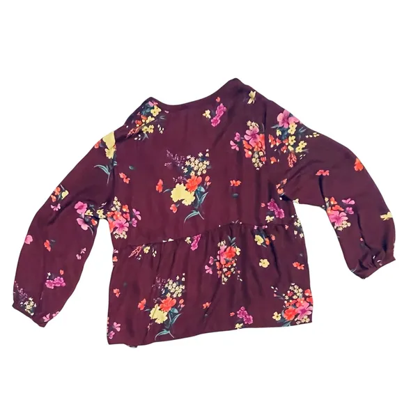 Old Navy Burgundy Floral V-Neck Peplum Blouse‎ Long Sleeve Top - Image 8
