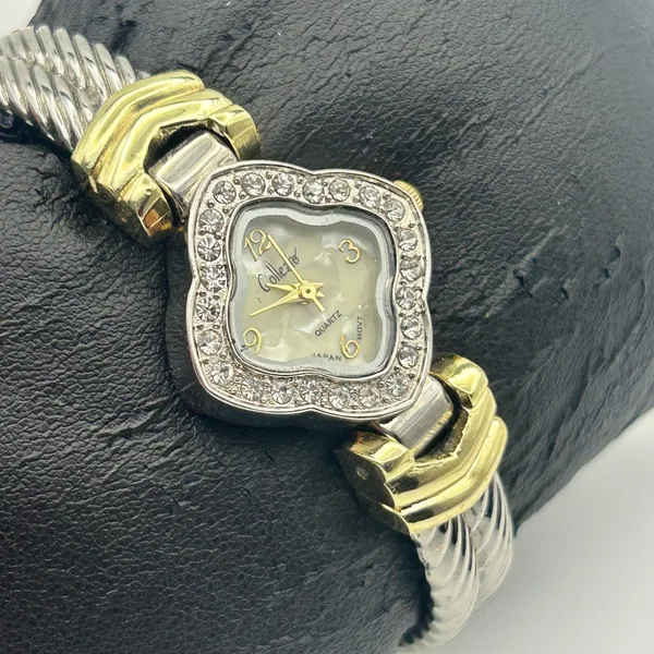 Collezie Two-tone Mother Pearl Dial Crystal Bezel Womens Cuff Watch New Battery - Image 4