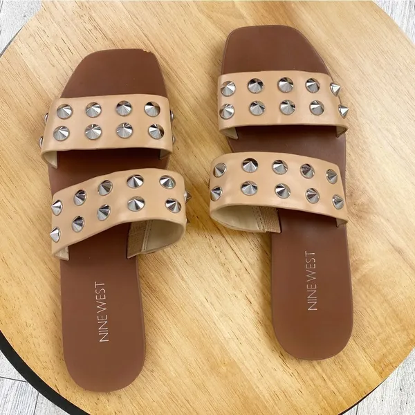 Nine West Brynli3 Studded Dual Strap Slide Sandals‎ Tan Silver 7 - Image 11