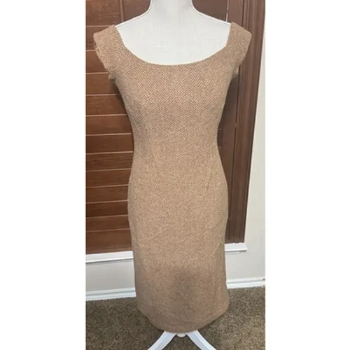 Ralph Lauren Black Label Wool Herringbone Tweed Sheath Dress Beige Midi Sz 2 - Image 2