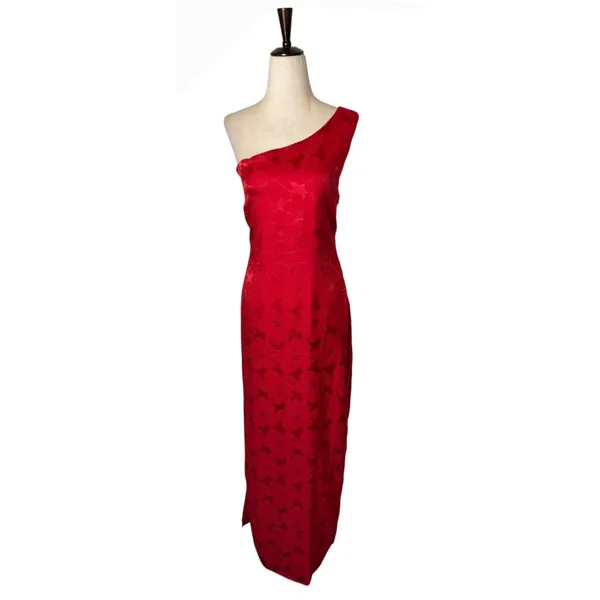 Lulus Chasing Desire Satin Jacquard Maxi Dress Women XL‎ Red Floral One Shoulder - Image 2