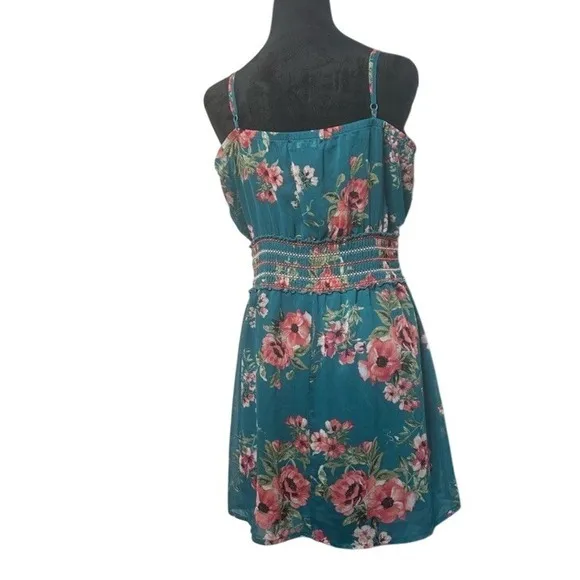Xhilaration Women XL Teal Green‎ Floral Surplice Smocked Mini Sleeveless Dress - Image 3