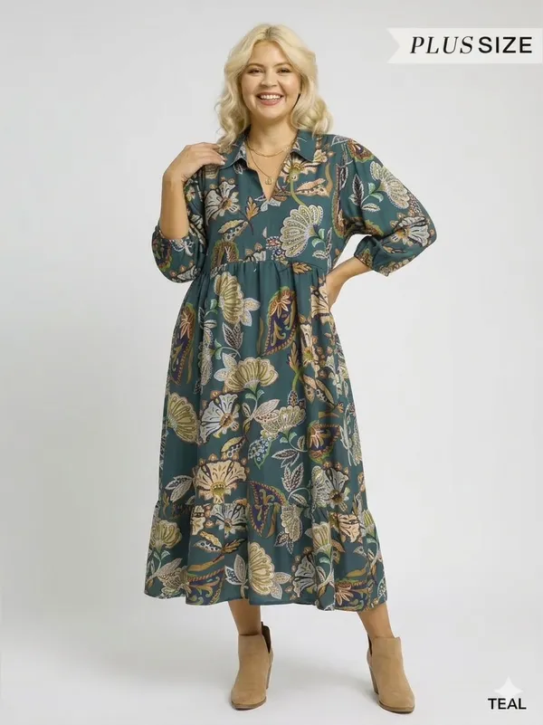 New!Umgee Plus Size Boho Paisley Lined Tiered Midi Dress Size 1X - Image 3