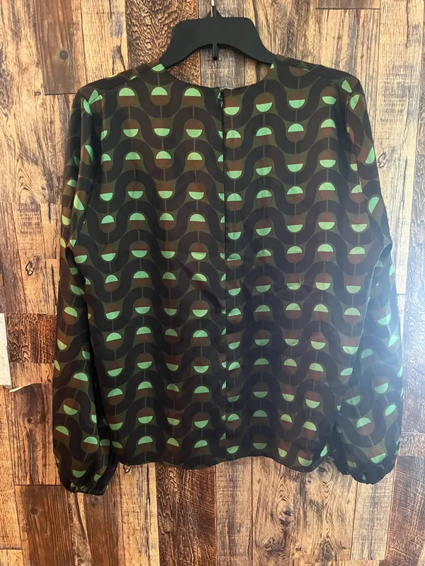 ZARA Olive Green Geometric Print Long Bishop Sleeve Satin Blouse | XL (aa) - Image 5