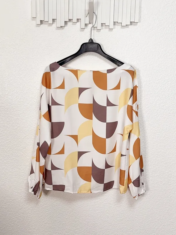 Miss Sparkling Retro 70s Geometric Print Balloon Sleeve Blouse Top - Image 2