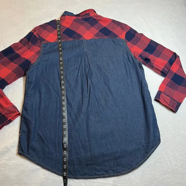 BDG Women's Mixed Media Plaid Flannel Denim Button Up Shirt Size Large Casual - Image 8