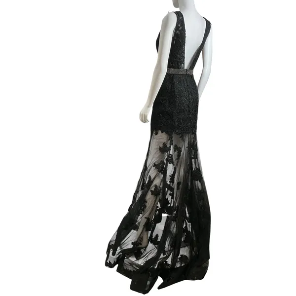 Sherri Hill Black Lace Plunging V-Neck Beaded Waist Formal Gown Dress Size 4 - Image 6