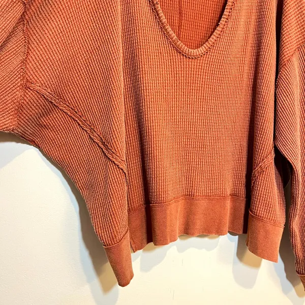 Free People We the Free Shirt Buttercup Thermal Waffle Knit Rust Orange Small - Image 4