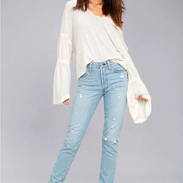 Free People We The Free Dahlia Thermal Waffle Knit Bell Sleeve Top Women’s Small - Image 2