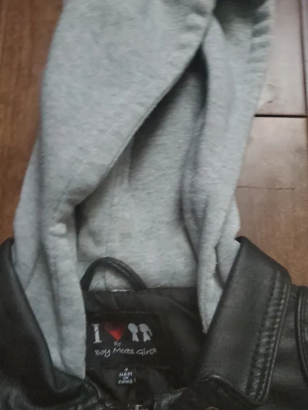 Black Faux Leather & Gray Hooded Jacket - Image 3
