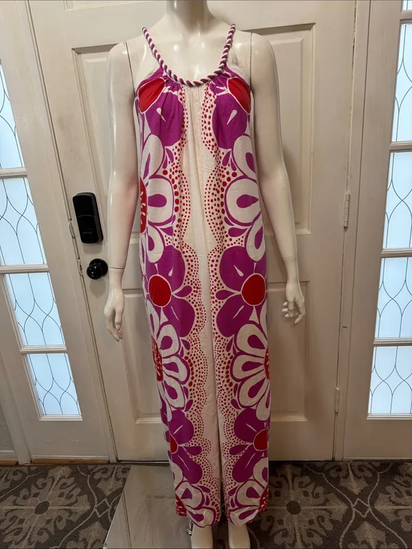 Farm Rio Maia Linen Jumpsuit Bold Floral Fuchsia & Red Size Small - Image 4