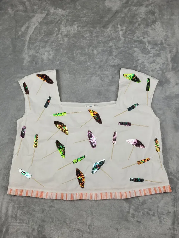 Queen of Sparkles 2 Piece Crop Top Shorts Set White Sequin XL Coctail Umbrellas - Image 3