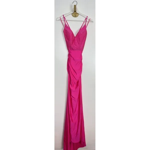 LA FEMME Tie Back Sequin Trumpet Gown in Neon Pink Size US 0 - Image 4