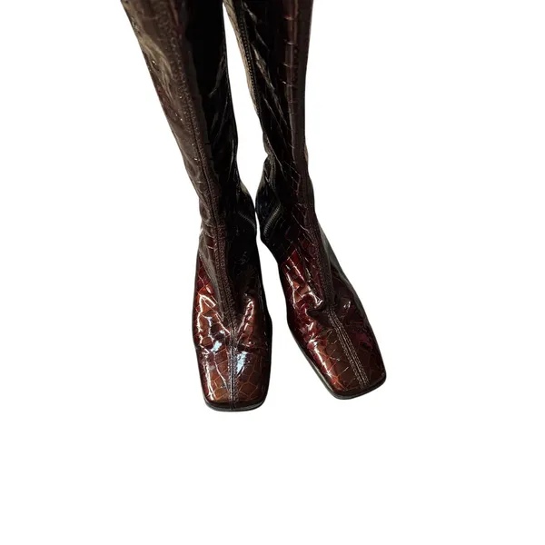 Aquatalia Croc Embossed Patent Leather Square Toe Mid Calf Boots - Image 4