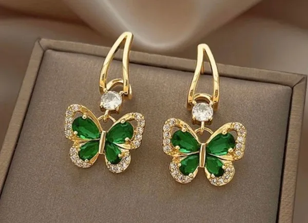 18K Gold Plated Green Crystal Butterfly Dangle Drop Earrings for Women - Image 3