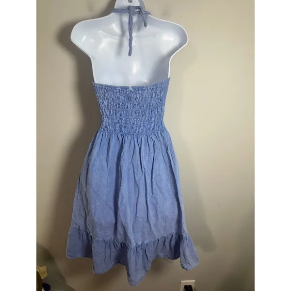 Glocam Blue Cotton Halter Dress Embroidered Crochet Waist Smocked Back Small - Image 4