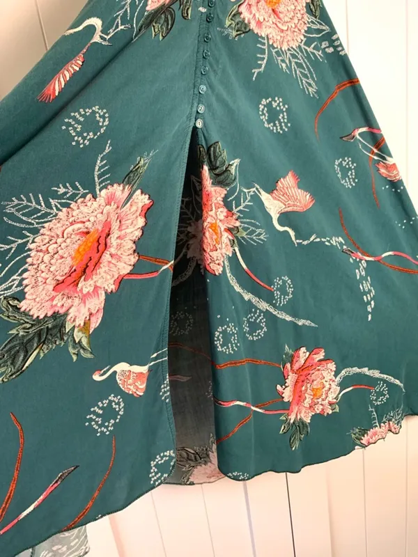 Jaase Maxi Dress XS Teal Floral Boho Autumn Wedding Guest Smocked V-Neck - Image 7
