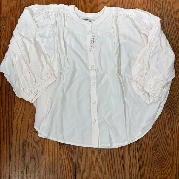 Madewell Shirred Crewneck Button-Up Top Vintage Ivory Womens Large‎ NWT - Image 4