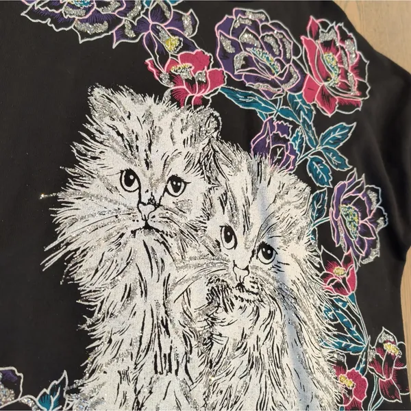 VTG 80s Persian Cat Kitten Floral Glitter Graphic Sweatshirt Crewneck Pullover - Image 2