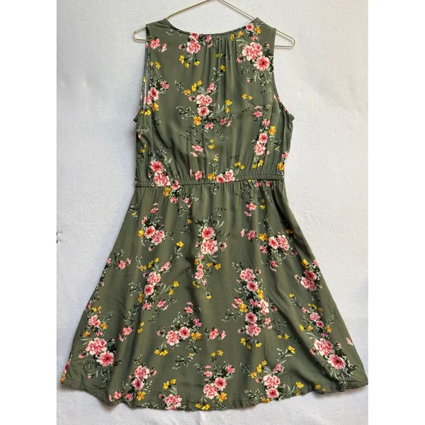Old Navy Olive Green Floral Sleeveless V-Neck Elastic Waist A-Line Dress Large - Image 4