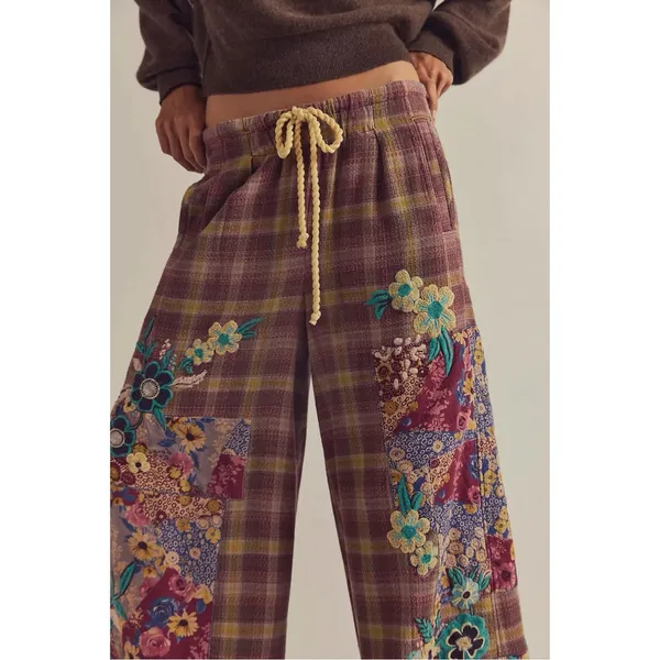 Free People Bohemian Brooks Embroidered Plaid Wide Leg Patchwork Pants Size XL - Image 6