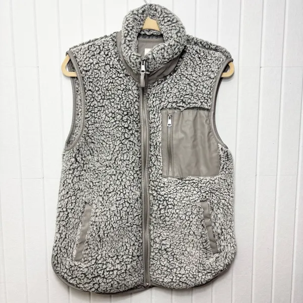 Abercrombie & Fitch Vest Women Small Sherpa Fleece Jacket Gray Leather‎ Pocket S - Image 2