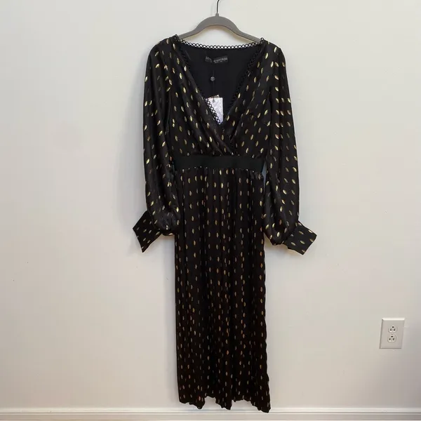 Little‎ Mistress Black & Gold Foil Leaf Pleated Maxi Dress UK 8 US 4 NWT - Image 7