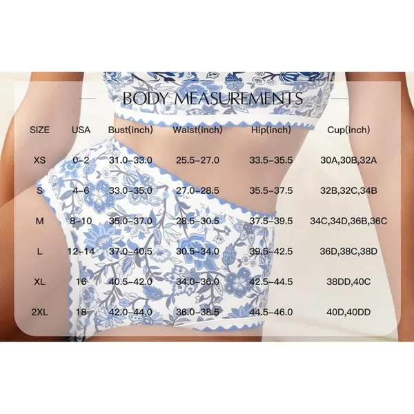 Womens Blue White Floral High Waisted Bikini Set Scallop Trim XL - Image 3