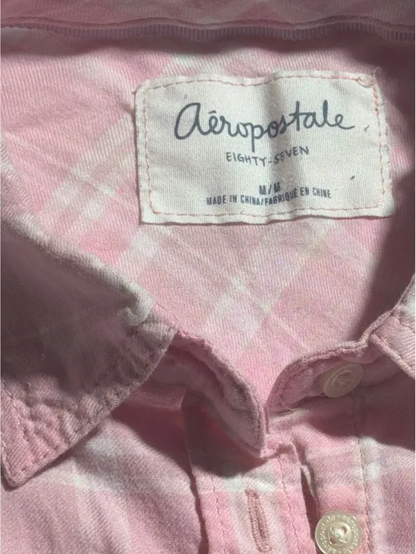 Aeropostale Women's Medium Pink and Coral Plaid Button-Up Shirt - Image 5