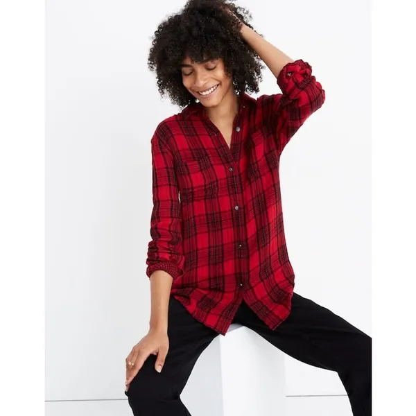 Madewell Women's Classic Ex-Boyfriend Shirt Red & Black Plaid Size M - Image 3