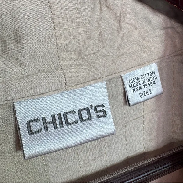 Chicos Shirred Cut Away Art To Wear Short Sleeve V Neck Jacket Tan Multi‎ Large - Image 9