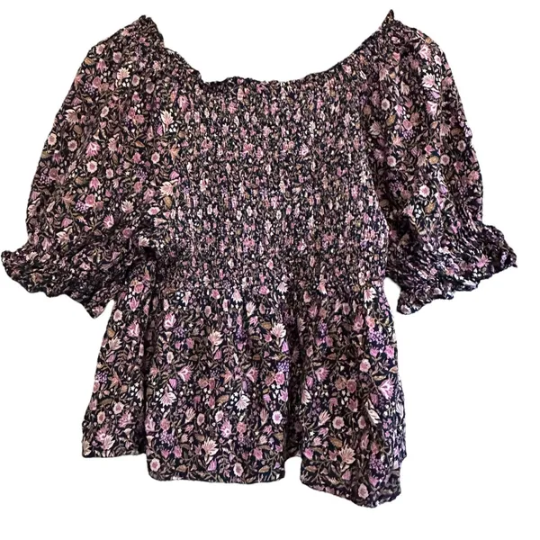 Old Navy Floral Blouse Top Women's Medium‎ Smocked Neck Puff Sleeve Pink - Image 7