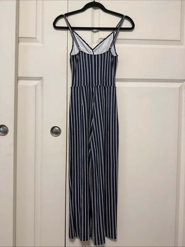 Hollister Navy & White Vertical-Striped Knot Waist Jumpsuit - Image 8