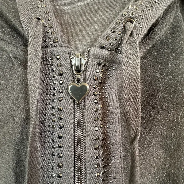 Glitterscape Black Velour Rhinestone Zip Up Hoodie Heart Zipper Pull Large - Image 4